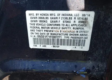 2015 Acura Ilx 2.0L from USA, damaged, VIN 19VDE1F71FE007271